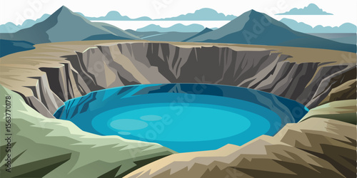 Serene Crater Lake:  A Vibrant, Stylized Illustration of a Volcanic Crater Filled with Turquoise Water, Surrounded by Majestic Mountains Under a Calm Sky.