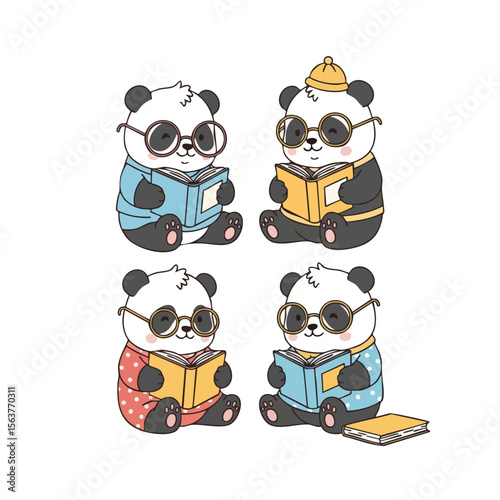 Cute Cartoon Panda Bear Reading Book Adorable Animal Character Illustration