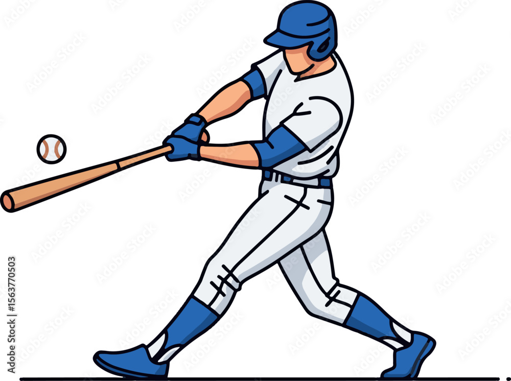 Obraz premium Baseball player hitting a ball vector illustration. Dynamic cartoon batter in mid-swing, an athletic sports icon for a team logo or mascot design isolated on white.