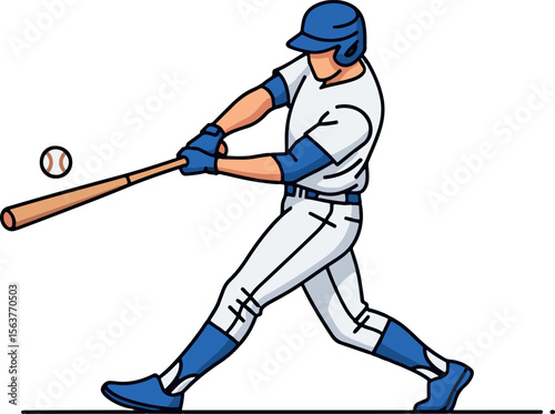 Baseball player hitting a ball vector illustration. Dynamic cartoon batter in mid-swing, an athletic sports icon for a team logo or mascot design isolated on white.