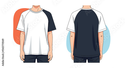 Stylish Two Tone Raglan Sleeve T Shirt Mockup for Men showcasing Front and Back Views on a White Background