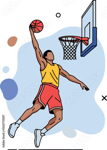 Dynamic vector illustration of a basketball player executing a powerful slam dunk. Modern flat design of an athletic man in mid-air, perfect for sports posters, team logos, and web graphics.