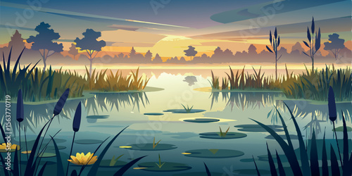 Serene Sunset over Calm Pond:  Stylized Vector Illustration of Tranquil Water, Reeds, and Silhouetted Trees at Dusk, Peaceful Nature Scene.