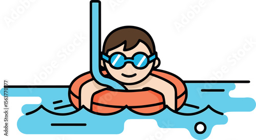 Happy cartoon child swimming with a snorkel and inflatable ring. Summer vacation vector icon of a boy in a pool with goggles and a bright red floatie.