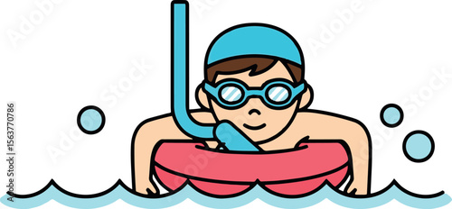 Happy young boy enjoying summer swimming in a pool with an inflatable ring, snorkel, and goggles. Cute cartoon vector icon for children's activities and vacation concepts.