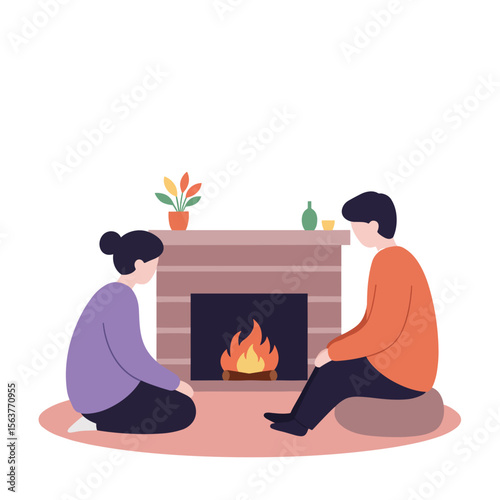 Siblings sitting by the fireplace and enjoying the warmth of fire, concept of Christmas, New Year  
