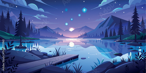 Serene Twilight Lake:  Stylized Vector Illustration of a Calm Mountain Lake at Dusk, Featuring a Wooden Dock, Silhouetted Trees, and a Magical, Dreamlike Atmosphere.