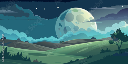 Serene Nighttime Landscape: Stylized Vector Illustration of Rolling Hills Under a Giant Moon, Peaceful and Dreamlike Atmosphere, Perfect for Backgrounds or Children's Book Illustrations.