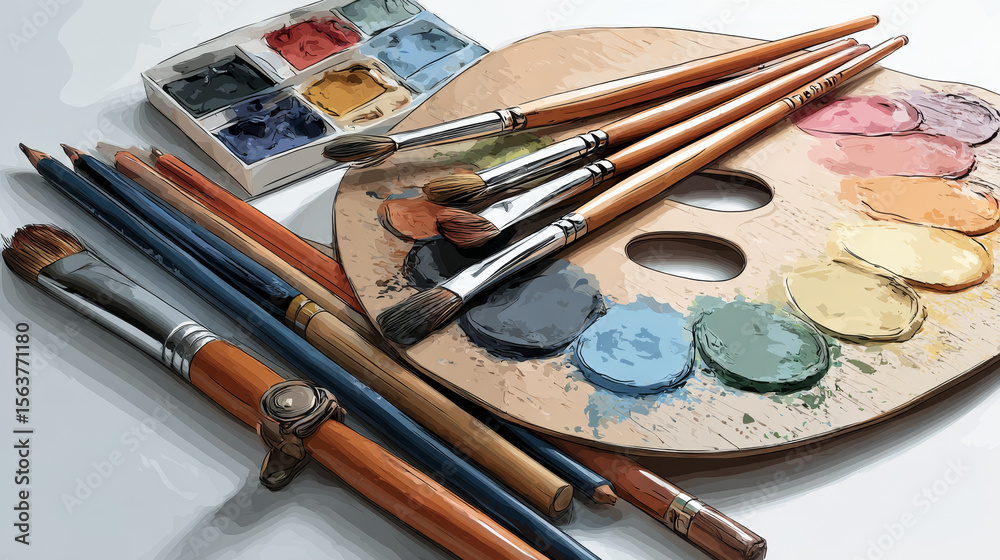 Obraz premium Vector graphic of a painterâ€™s palette with brushes and pencils, using transparent layers to depict light and shadow effects