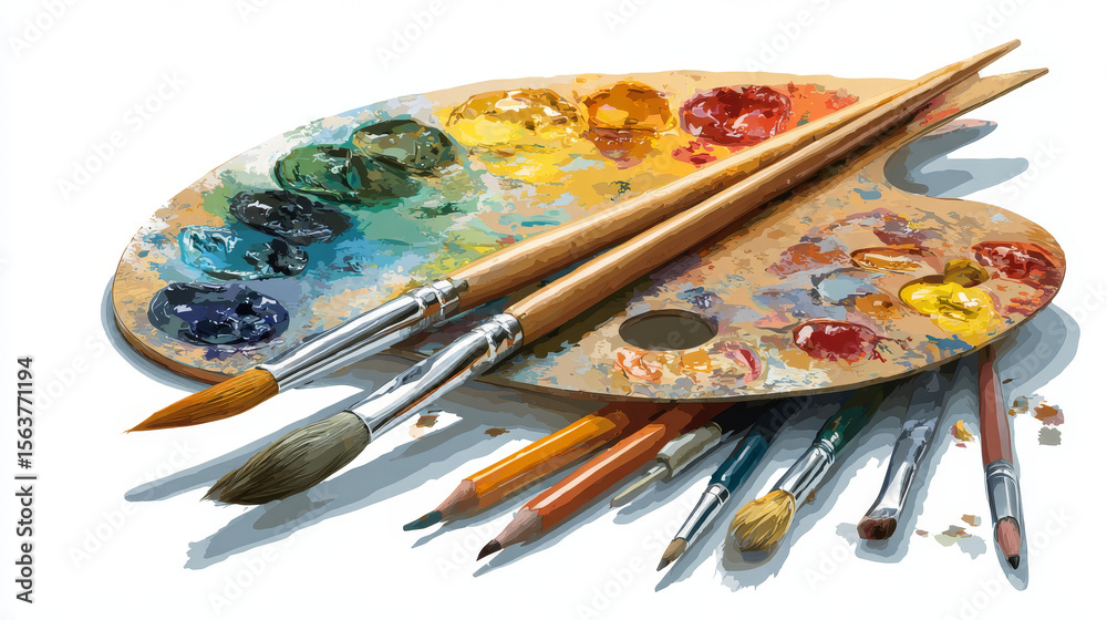 Obraz premium Vector graphic of a painterâ€™s palette with brushes and pencils, using transparent layers to depict light and shadow effects