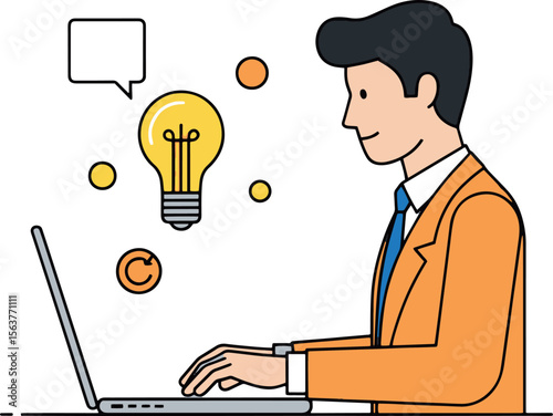 Creative businessman working on a laptop with an idea lightbulb, representing innovation and content creation. Modern flat design vector illustration for startups and digital marketing.