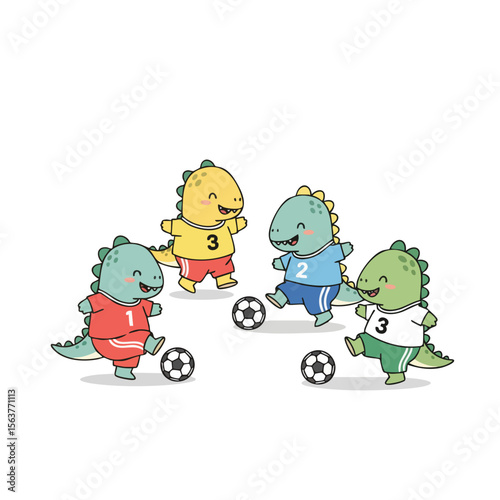 Playful Handdrawn Dinosaur Team Playing Football Match Illustration