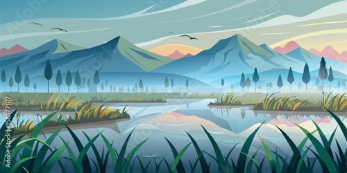 Serene Misty Mountain Lake Landscape:  Tranquil Vector Illustration, Calm Blue Hues, Peaceful Morning Scene, Ideal for Relaxation and Travel Themes.