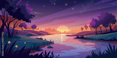Serene Sunset Landscape:  Purple Hues, Tranquil River, Silhouetted Trees, Peaceful Evening, Vector Illustration, Calm Mood, Digital Art, Nature Scene, Dreamlike Atmosphere.