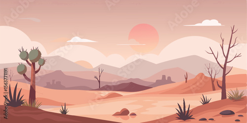 Serene Desert Landscape:  Warm-toned, minimalist vector illustration of a southwestern desert scene at sunset, featuring Joshua trees, arid plants, and muted mountains.
