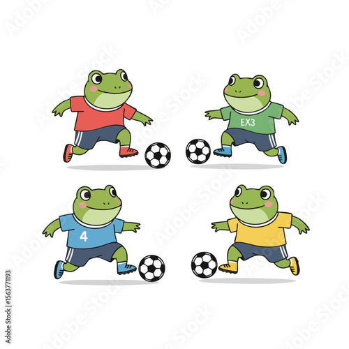 Colorful Cartoon Frog Playing Soccer Illustration with Different Jersey