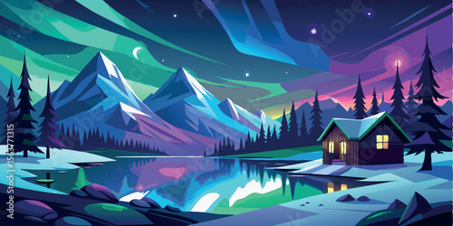 Serene Winter Cabin Lakeside: Vibrant Northern Lights, Stylized Mountain Landscape, Peaceful Night Scene, Digital Art Illustration.