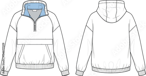 Half zip hoodie vector illustration, technical fashion drawing, pullover jacket flat sketch, front and back view, apparel template design