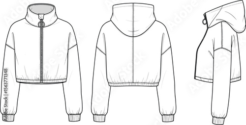 Front, back, side technical flat of cropped zip-up hoodie with hood, long sleeves, rib cuffs, detailed cad fashion drawing