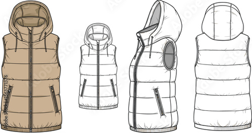 Puffer vest vector template, sleeveless jacket technical drawing, CAD fashion sketch, winter wear design, hoodie vest illustration front back