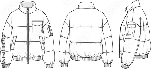 Technical flat sketch of winter puffer jacket, front back side view, detailed CAD drawing, fashion design vector illustration