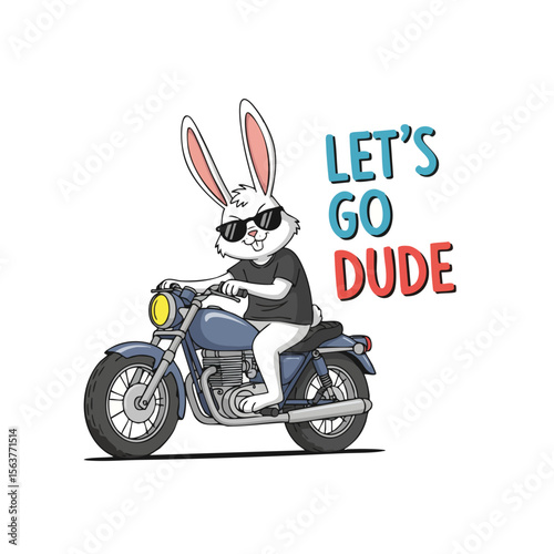 Cartoonish Bunny Rider on Motorcycle Illustration with Text and Sunglasses