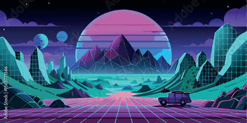 Retro Futuristic Synthwave Landscape: Car on Neon Grid Road Leading to Crystal Mountains under a Pink Sunset, 80s Style Digital Art.