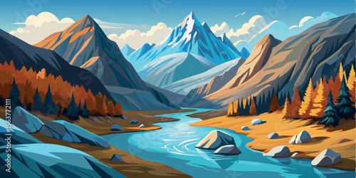 Serene Autumnal Mountain River Landscape:  Vibrant Vector Illustration of a meandering river flowing through a picturesque valley, surrounded by majestic snow-capped peaks and autumnal forests.