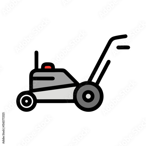 Flat line icon of lawn mower in black and gray colors
