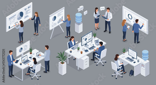 This detailed isometric illustration captures various business professionals engaged in collaborative office work, data analysis, and presentations.