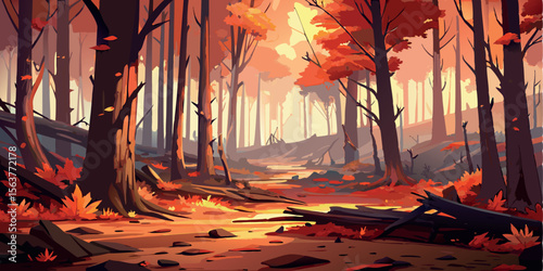 Autumnal Forest Path: Warm, Vibrant Digital Painting of a Sunlit Woodland Trail with Fallen Logs and Red Leaves.