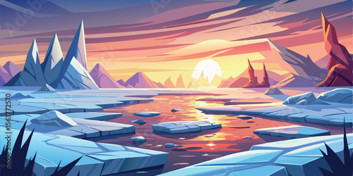 Stylized Arctic Sunset Landscape:  Serene, Vibrant, and Dreamlike Winter Scene with Broken Ice, Mountains, and a Golden Hour Sky.