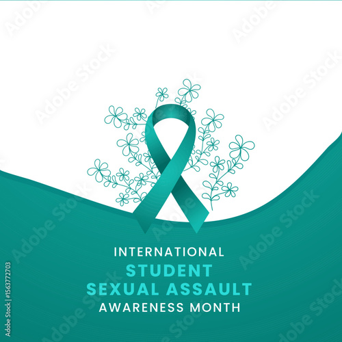 Teal Ribbon with floral awareness graphic for International Student sexual assault Awareness Month.