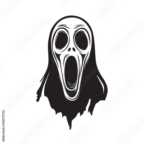 Ghost Face silhouette, A haunting silhouette of a ghostly figure with a wide open mouth, Vector Ghost Art