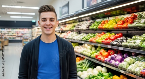 Smiling man standing in a grocery store produce section