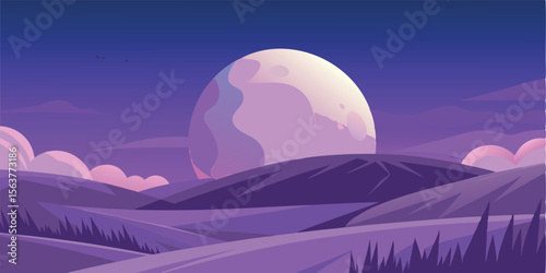 Serene Purple Landscape: Stylized Night Scene with Giant Moon, Rolling Hills, and Minimalist Clouds.
