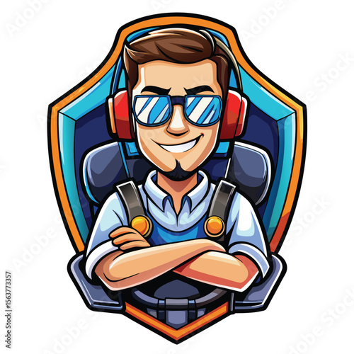 Smiling gamer character in a light blue/white uniform with crossed arms, wearing headphones and sunglasses