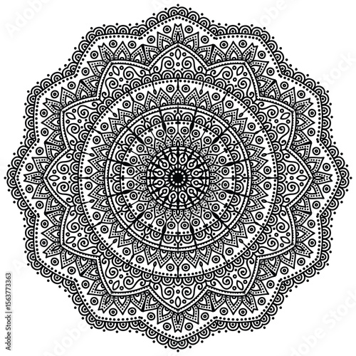 Decorative pattern in oriental style. Black complex doodle mandala on a transparent background, for printable coloring book.   