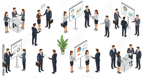 Isometric illustration of diverse businesspeople collaborating on projects, presentations, and meetings, showcasing teamwork, communication, and modern business practices in a professional setting.