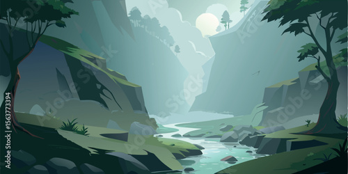 Serene misty mountain river valley landscape; stylized vector illustration, tranquil and peaceful mood, perfect for game backgrounds or fantasy settings.