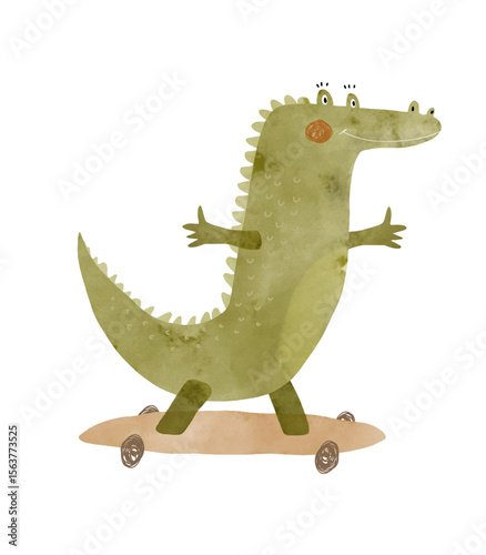 Cute Smiling Croc Riding A Skateboard. Childish Drawing-like Vector Illustration Of Happy Crocodile Skateboarding. Nursery Art With Green Alligator On A White Background. Kids Room Decoration. 