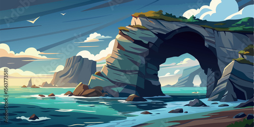 Serene Coastal Cliff Arch: Vibrant Vector Illustration of Ocean, Rocks, and Tranquil Sunset Sky.