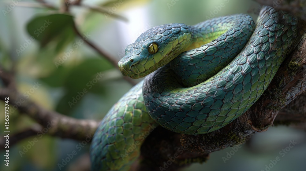 Naklejka premium Cinematic, high-res, realistic close-up of a vibrant snake coiled on a tree branch. Softly blurred lush natural panorama in background. Sharp focus, intricate scales.