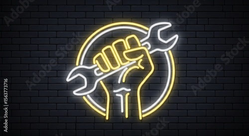 Neon fist holding wrench symbol against brick wall