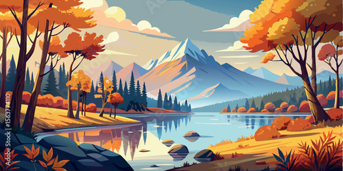 Serene Autumn Mountain Lake Landscape: Vibrant Fall Foliage, Calm Water Reflection, Stylized Vector Art Illustration.
