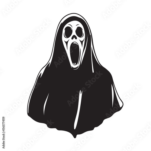 Ghost Face silhouette, A haunting silhouette of a ghostly figure with a wide open mouth, Vector Ghost Art