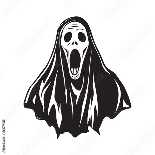Ghost Face silhouette, A haunting silhouette of a ghostly figure with a wide open mouth, Vector Ghost Art