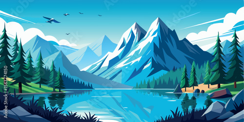 Serene alpine lake reflecting majestic snow-capped mountains, vibrant stylized vector illustration, peaceful tranquil mood, ideal for travel, tourism, and nature-themed projects.