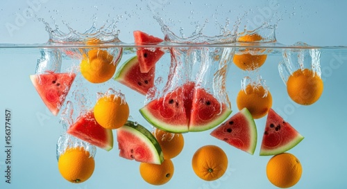 Fresh Summer Fruits Dropping Into Water Splash