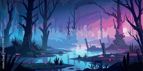 Ethereal Swamp Forest at Dusk: Stylized Vector Illustration of a Mystical, Dreamlike Bayou Landscape with Pink and Blue Hues, Featuring Silhouetted Trees and Water Reflections.